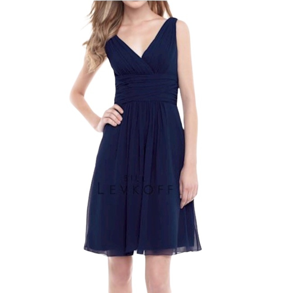 Bill Levkoff Navy Blue Ruched Surplice Knee Length Dress NWT size 10